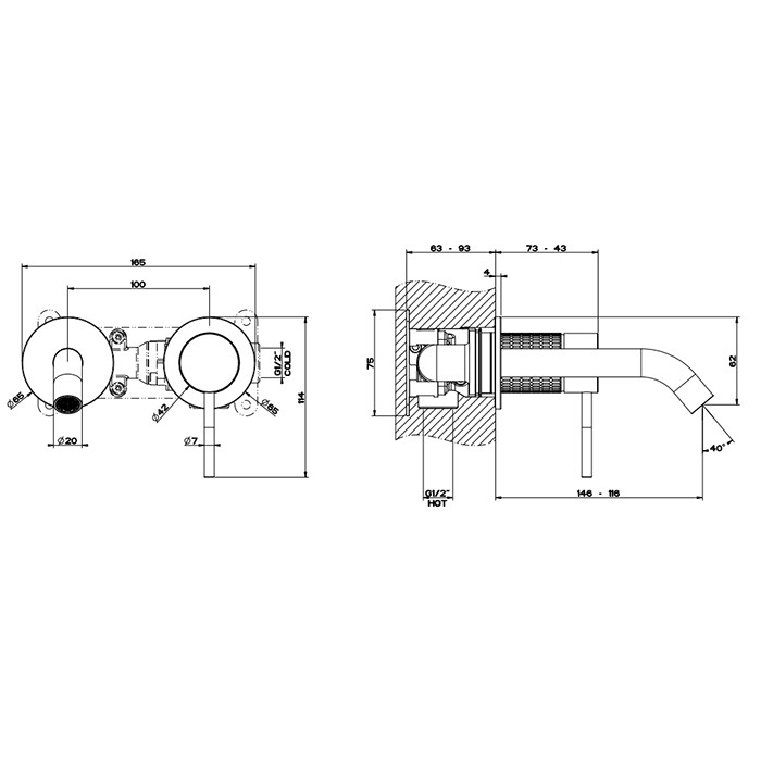 Встраиваемый смеситель для раковины с изливом 146-116мм, Gessi 316, brushed black metal pvd арт. 54283#707