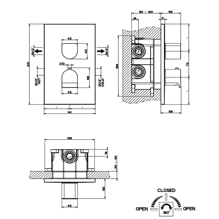Встраиваемый смеситель для душа, термостатический, на 2 источника, Gessi Rilievo, nero xl арт. 59134#299