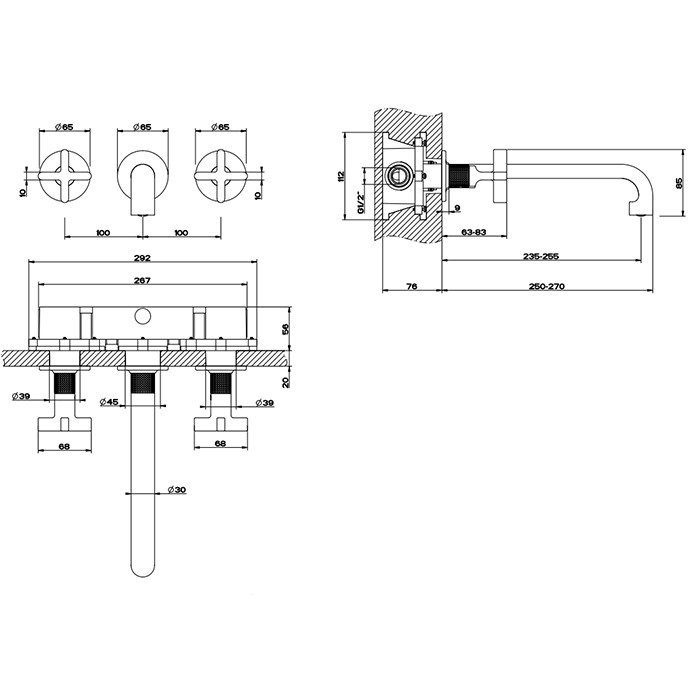 Смеситель для раковины, встраиваемый, излив 25.5см., (внешние части), Gessi Inciso, gold brushed ccp арт. 58192#087