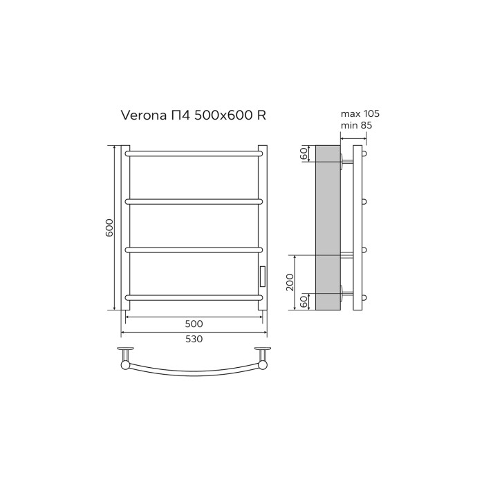 Полотенцесушитель электрический 500/600 4 секции, диммер справа, белый, Verona Azario - AZ04856W