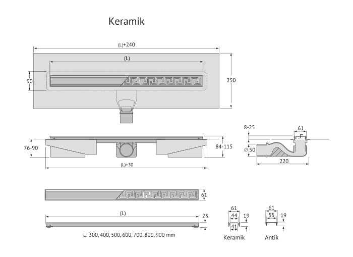Душевой лоток BERGES В1 Keramik 500, матовый хром, S-сифон D50 H60, арт.090116