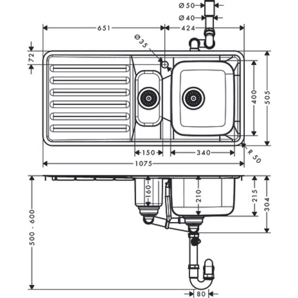 Раковина для кухни, врезная с крылом и двумя чашами 150/340, Hansgrohe S41, нержавеющая сталь арт. 43342800