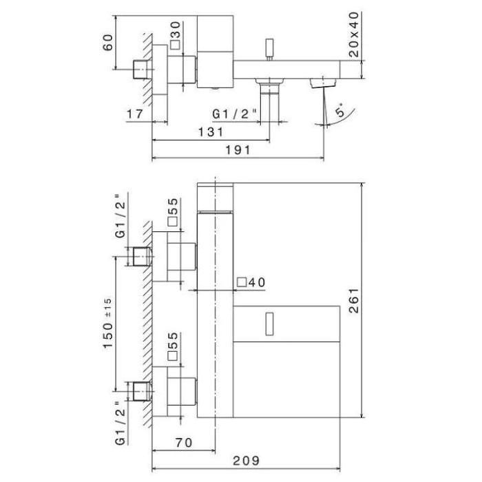Смеситель для ванны, настенный, Futura Kerama Marazzi, хром - 66440KM.21.018