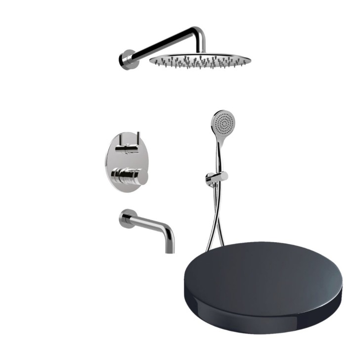 Встраиваемый душевой комплект на 3 режима, однорычажный, с поворотным переключателем, ручной душ, излив, кронштейн, верхний душ d25 см, Giulini My ring, хром черный глянц арт. MR0070CRN