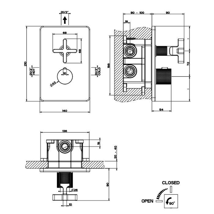 Смеситель для душа с переключателем на 1 выход, термостатический, Gessi Inciso, хром арт. 58232#031