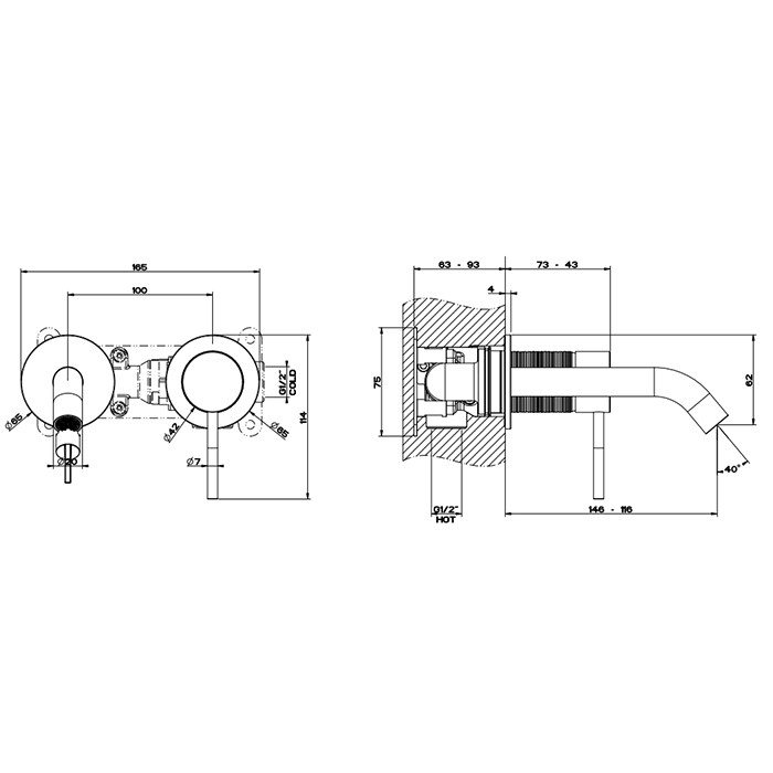 Встраиваемый смеситель для раковины с изливом 146-116мм, Gessi 316, brushed black metal pvd арт. 54383#707