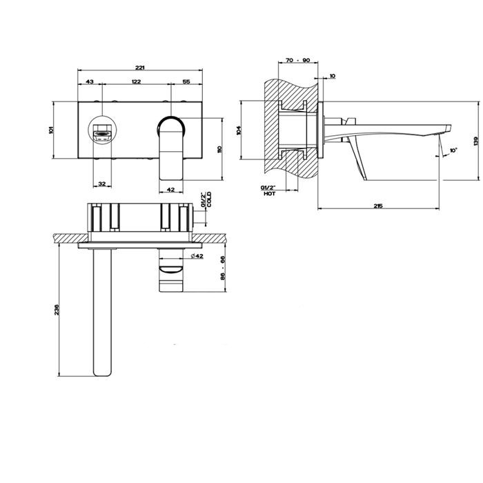 Встраиваемый смеситель для раковины с изливом 215мм, Gessi Rilievo, nero xl арт. 59089#299
