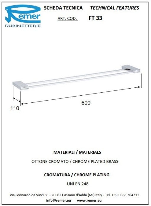 Полотенцедержатель двойной 60см хром глянцевый, Remer Flat, FT33CR