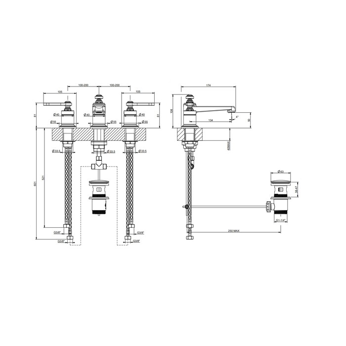 Смеситель для раковины на 3 отверстия, высота излива 50 мм., в комплекте с донным клапаном, Gessi Venti20, хром арт. 65011#031