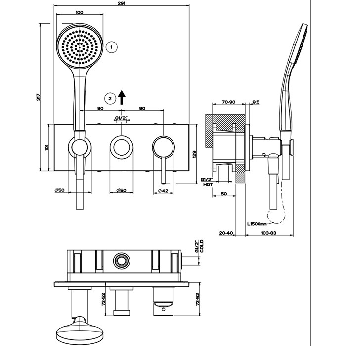 Смеситель для душа, встраиваемый, на 2 позиции с переключателем, подводом воды и держателем лейки, душевой лейкой и шлангом, Gessi Emporio Via tortona, finox brushed nickel арт. 44828#149