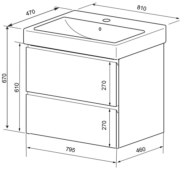 Тумба 80 810х470х670 подвесная с раковиной Monte tx 80 белый матовый, Azario Мила - CS00080142