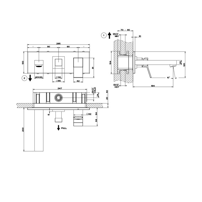 Смеситель для раковины, встраиваемый, однорычажный, с изливом и переключателем PULL, Gessi Rettangolo, black xl арт. 53138#299