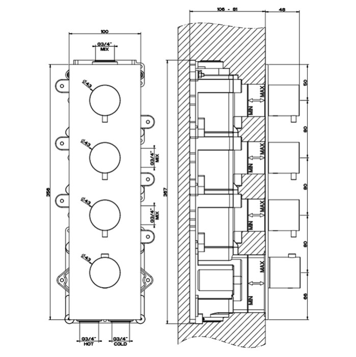 Встраиваемый термостатический смеситель на 3 источника, резьба 3/4", Gessi 316, brushed black metal pvd арт. 54516#707