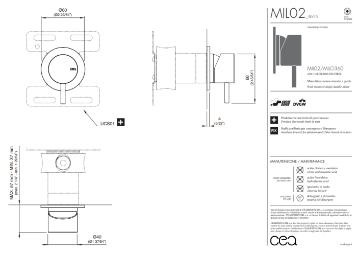 Смеситель для душа Cea Design MILO360 встраиваемый, цвет сатинированная сталь арт. MIL02