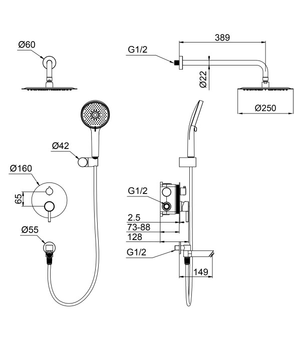 Душевая система встраиваемая, Wonzon & Woghand Solo, WW-939032-CR цвет: хром