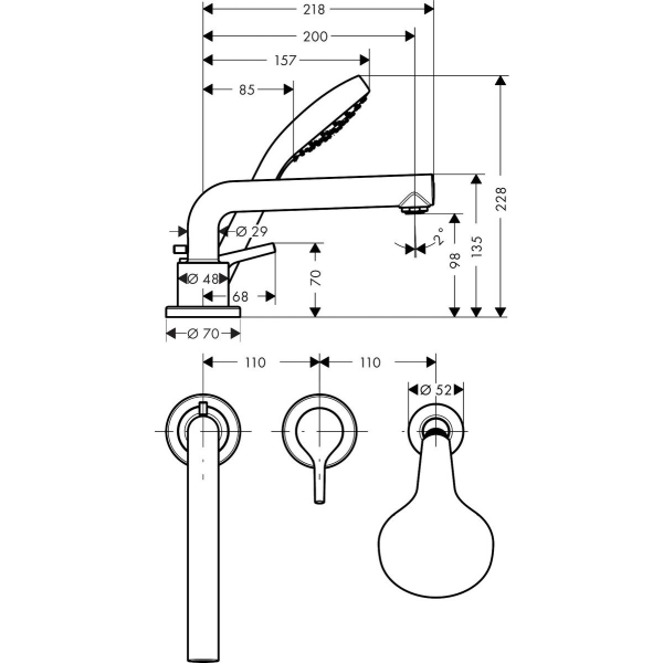 Смеситель для ванны на 3 отверстия, Hansgrohe Talis S, хром арт. 72417000