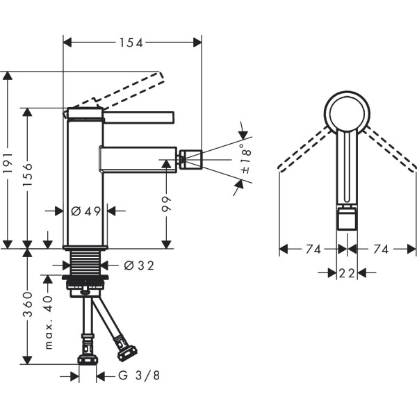 Смеситель для биде со сливным клапаном Push-Open, Hansgrohe Finoris, черный арт. 76200670