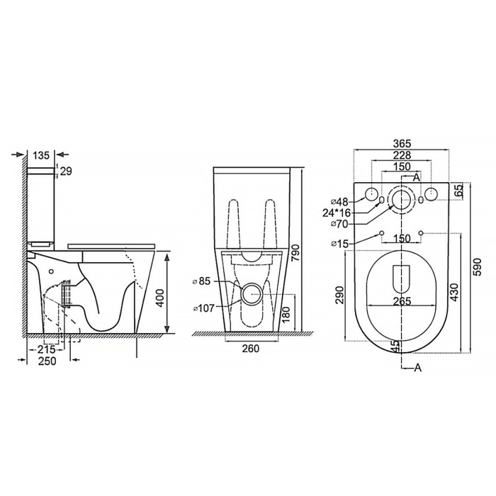 Унитаз-компакт 365х590х790 напольный, безободковый с быстросъемным сиденьем микролифт, Azario Flin арт. AZ-1363C