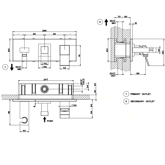 Встраиваемый смеситель, c подводом воды, держателем лейки и переключателем PUSH, Gessi Rettangolo, хром арт. 53140#031