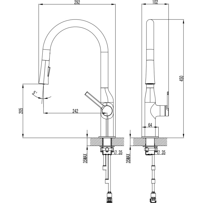 Смеситель для кухонной мойки, выдвижной излив, керамический картридж, графит, Azario VINCENTE арт. AZ-VPV569064AJ