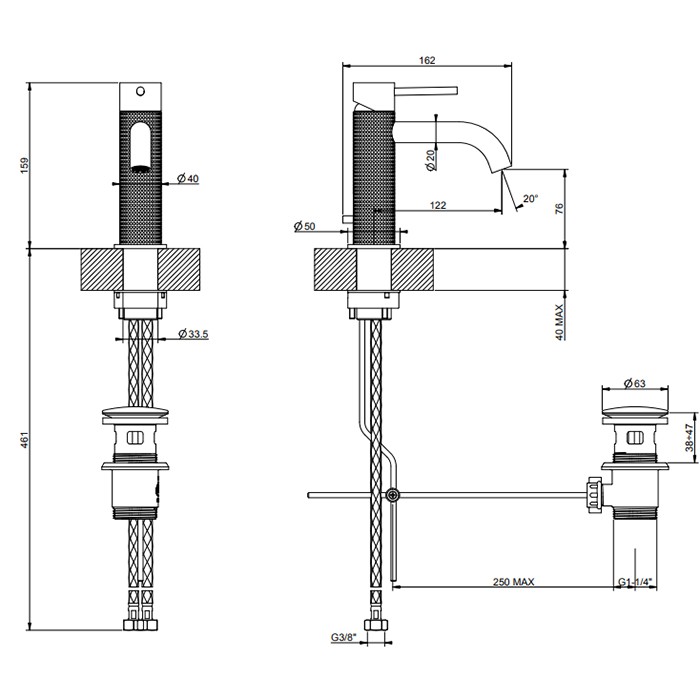 Смеситель для раковины на 1 отв., с донным клапаном, излив: 123мм, Gessi 316, brushed black metal pvd арт. 54401#707