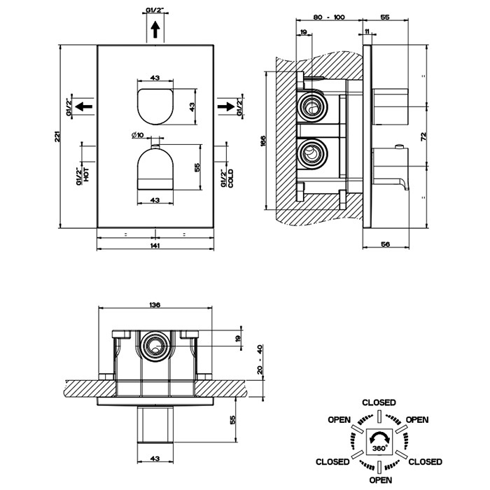 Встраиваемый смеситель для душа, термостатический, на 3 источника, Gessi Rilievo, nero xl арт. 59136#299