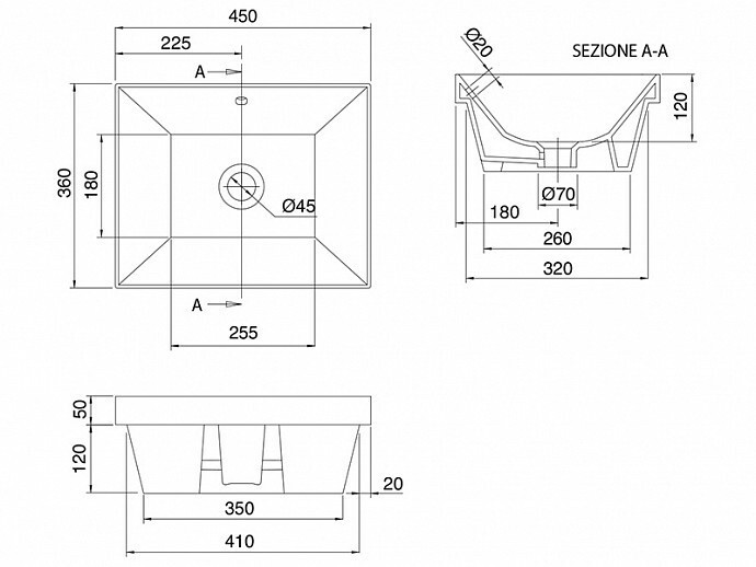 Раковина встраиваемая снизу с переливом без отверстий, цвет белый, Scarabeo Teorema 2.0 - 5134