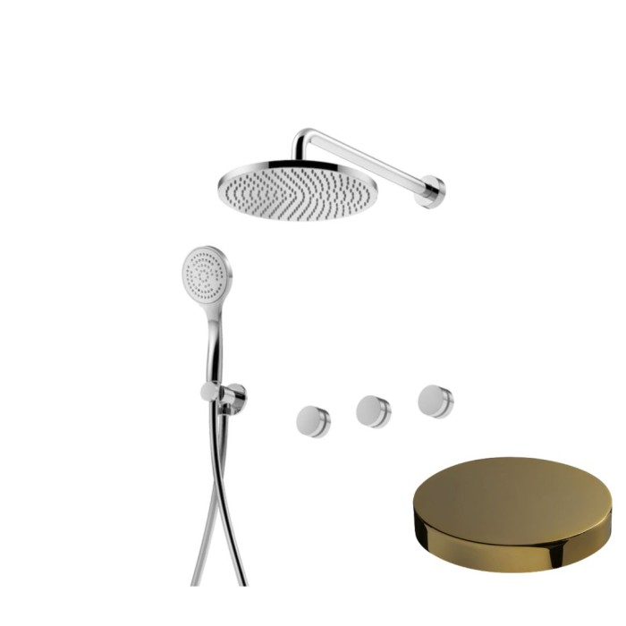 Внешняя часть для встраиваемого смесителя для душа с дивертером на 2 выхода, верхний душ из латуни, Giulini My ring deluxe, золото 24 карата арт. MR0115W2KBDL-EPO