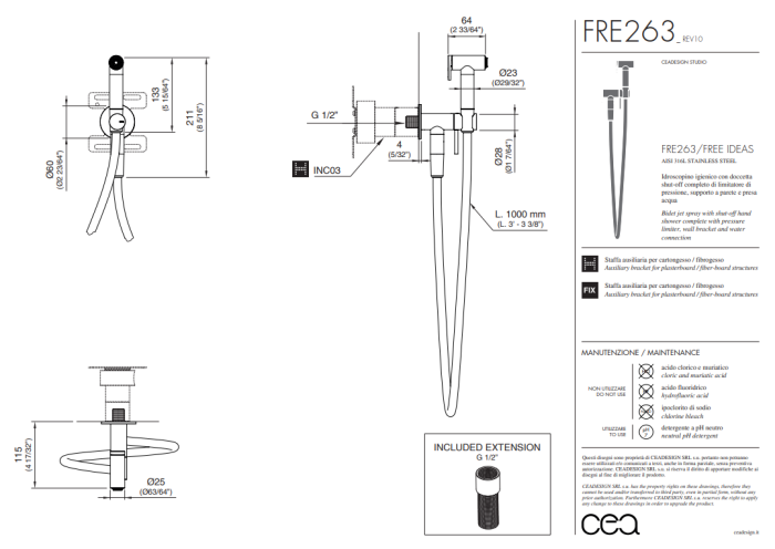 Гигиенический душ CeaDesign, предохранительный клапан, ограничитель давления, шланг белый 100см, цвет сатинированная сталь арт. FRE263 W S