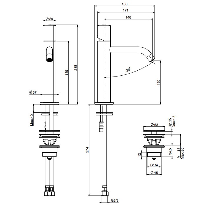 Fima Carlo Frattini Смеситель для раковины, на 1 отверстие, без ручки, с донным клапаном click-clack, So, F3181CR S3CR цвет: хром