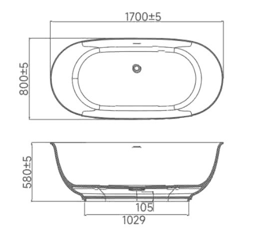 Ванна из искусственного камня Lotis 170х80х58см Solid Surface цвет белый матовый
