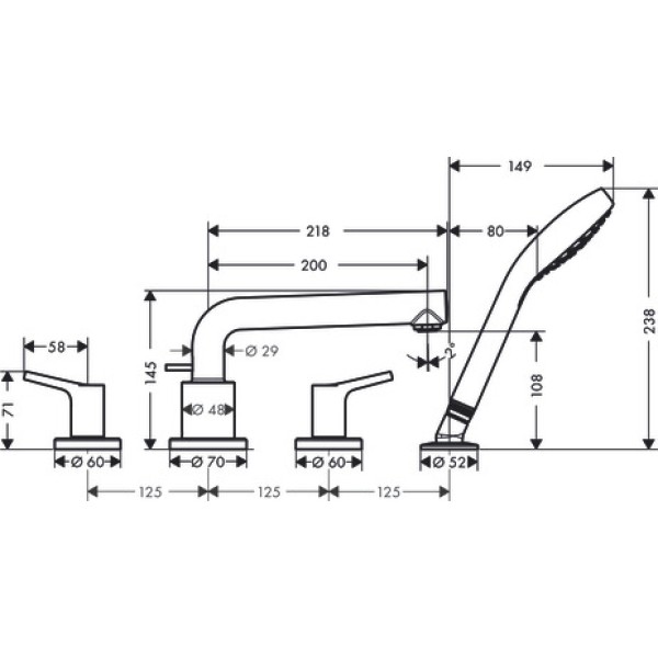 Смеситель для ванны на 4 отверстия, Hansgrohe Talis S, хром арт. 72419000