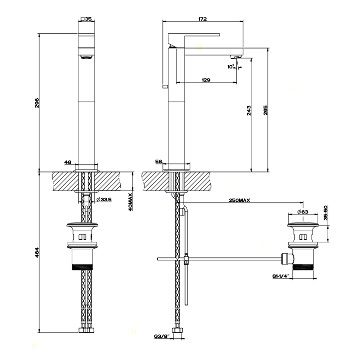 Смеситель для раковины с донным клапаном и высоким изливом 128мм, Gessi Rettangolo, хром арт. 11921#031