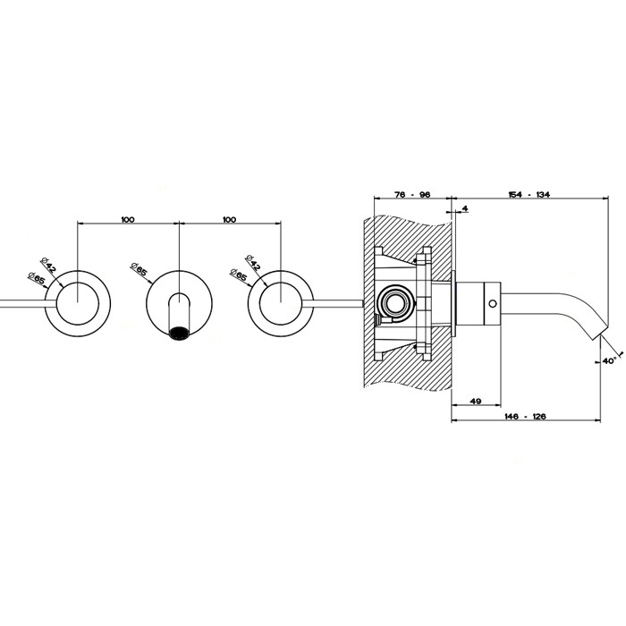 Встраиваемый смеситель для раковины на 3 отверстия с изливом, без донного клапана. цвет: шлифованная сталь, Gessi Flessa, шлифованная сталь арт. 54092#239