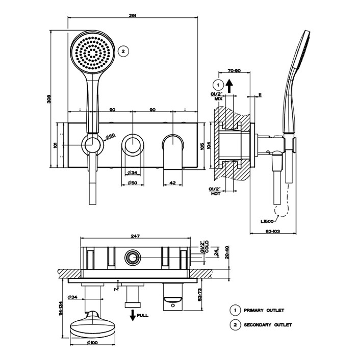 Смеситель для душа, встраиваемый, на 2 позиции с переключателем, с подводом воды и держателем лейки, душевой лейкой и шлангом, Gessi Emporio Via manzoni, finox brushed nickel арт. 44901#299