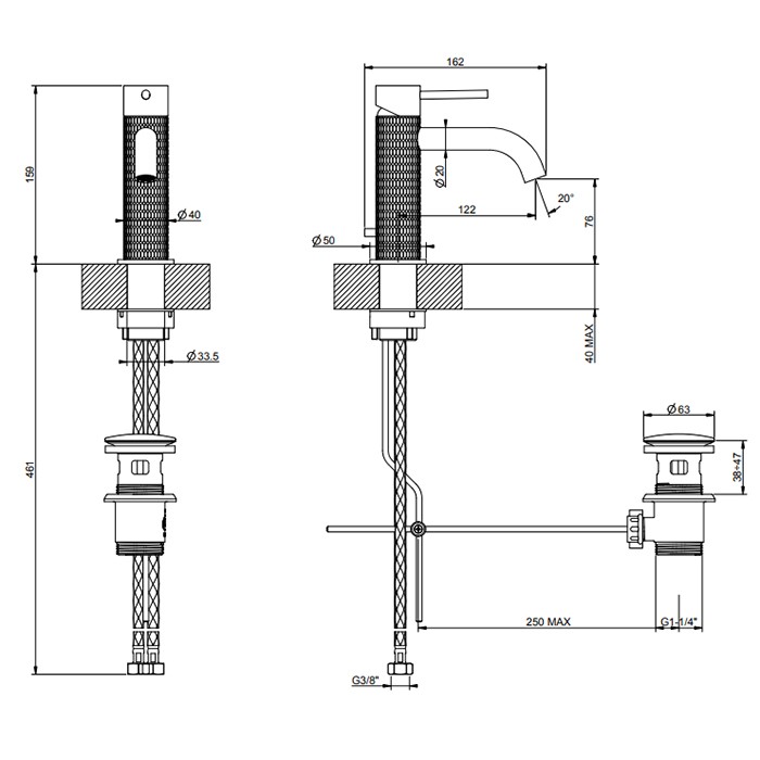 Смеситель для раковины на 1 отв. с донным клапаном, излив: 123мм, Gessi 316, brushed black metal pvd арт. 54201#707