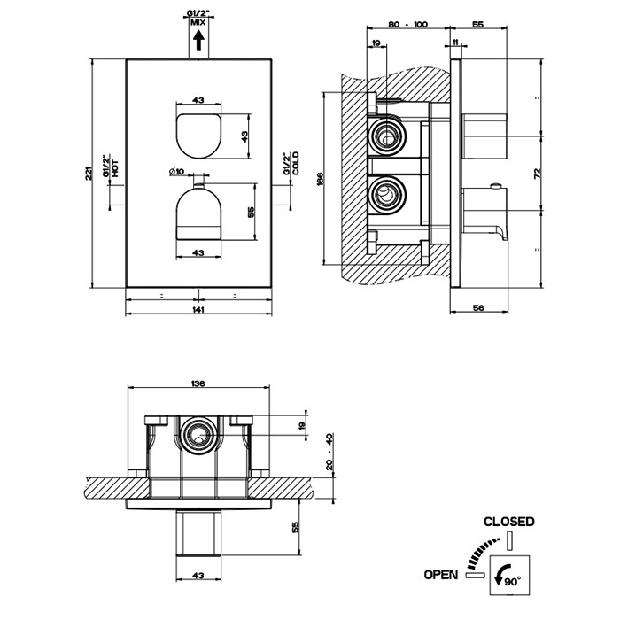 Встраиваемый смеситель для душа, термостатический, на 1 источник, Gessi Rilievo, nero xl арт. 59132#299