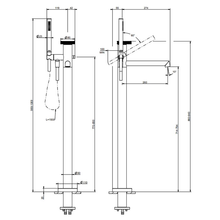 Смеситель для ванны, напольный, с ручным душем, Gessi Anello, black metal brushed pvd(без внутренней части) арт. 63328#707