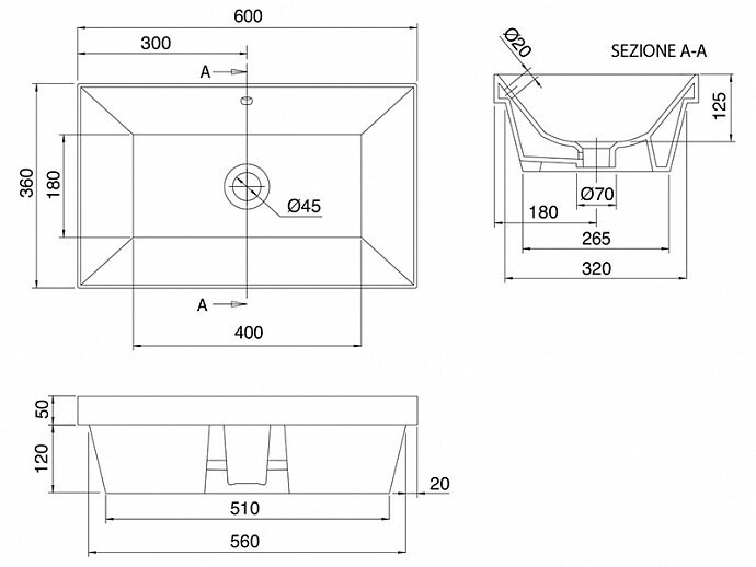 Раковина встраиваемая сверху с переливом без отверстий, цвет черный матовый с антибактериальным и грязеотталкивающим покрытием BIOKER, Scarabeo Teorema 2.0 - 5131 49 BK