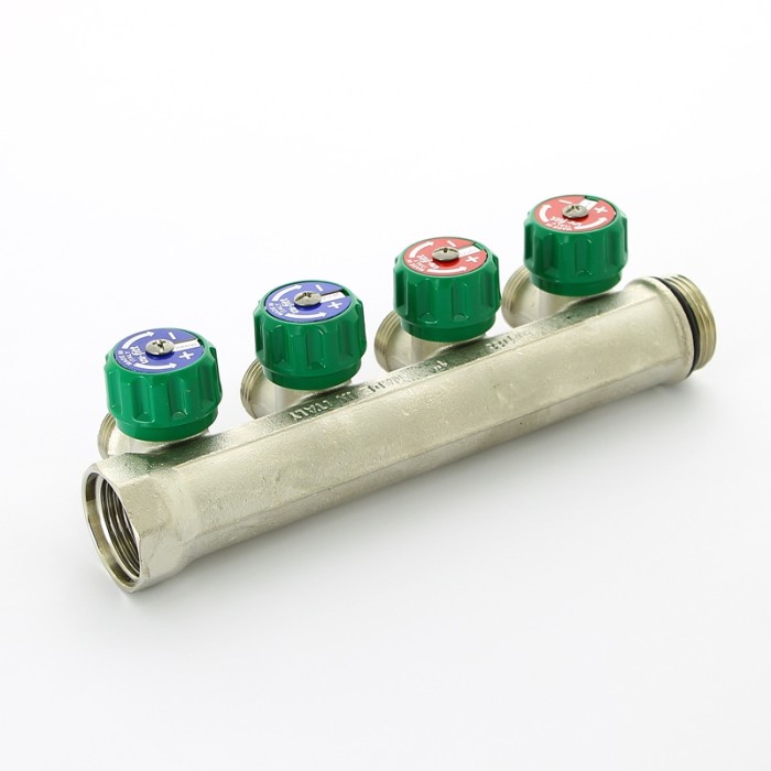 Коллектор Uni-Fitt НВ 1" 4 х 3/4" EK Н 50мм с выходами под 90', никелированный с вентилями арт. 410N4340