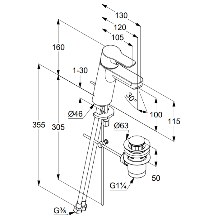 Однорычажный смеситель на умывальник 100, холодная вода при центральном положении рычага, донный клапан g1 1, 4, pure and easy Kludi, хром - 372930565wr4
