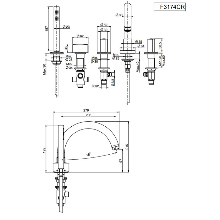 Fima Carlo Frattini Смеситель на борт ванны двойной, с изливом, с душевым комплектом, So, F3174CR S4CR S2CR цвет: хром