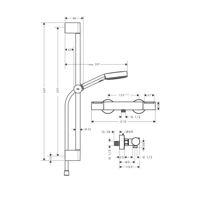 Душевой набор Relaxation с термостатом Ecostat Element и душевой штангой 65см, Pulsify Select S Hansgrohe, хром арт. 24272000