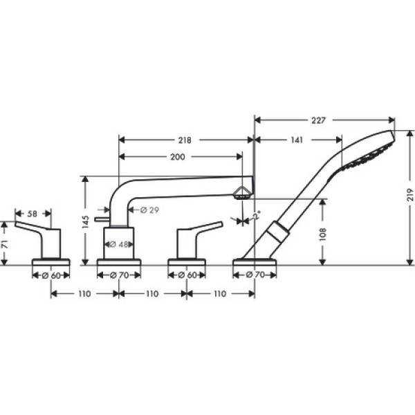 Смеситель для ванны на 4 отверстия, Hansgrohe Talis S, хром арт. 72418000
