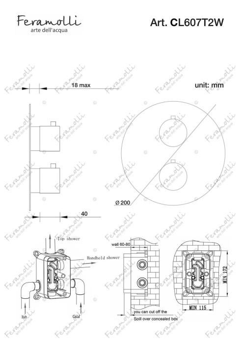 Термостатический смеситель скрытого монтажа на 2 потока, хром, Termostato Feramolli - CL607T2W