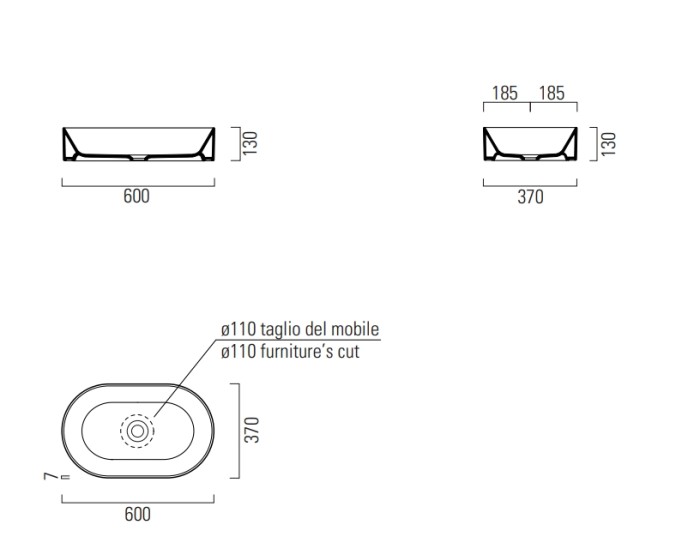 Раковина накладная 60х37х13 см, санфаянс, черный матовый, Kube-x GSI арт. 945826