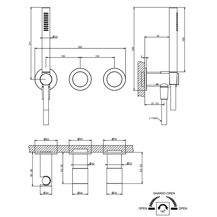 Смеситель для душа, настенный, с переключателем на 2 положения, с ручным душем, Gessi Habito Unito, хром арт. 70038#031