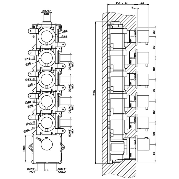 Встраиваемый термостатический смеситель на 5 источников, резьба 3/4", Gessi 316, steel brushed арт. 54510#239
