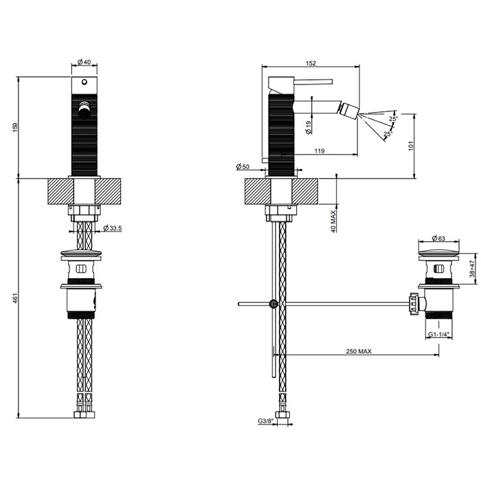 Смеситель для биде на 1 отв., с донным клапаном, излив: 118мм, Gessi 316, brushed black metal pvd арт. 54307#707
