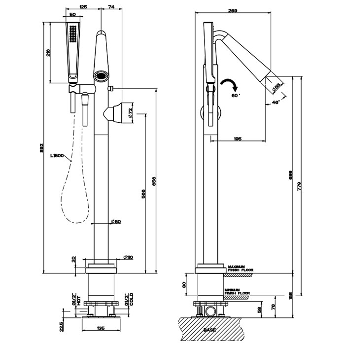 Смеситель для ванны, напольный, с ручным душем и шлангом 1500 мм, Gessi Cono, хром арт. 45028#031